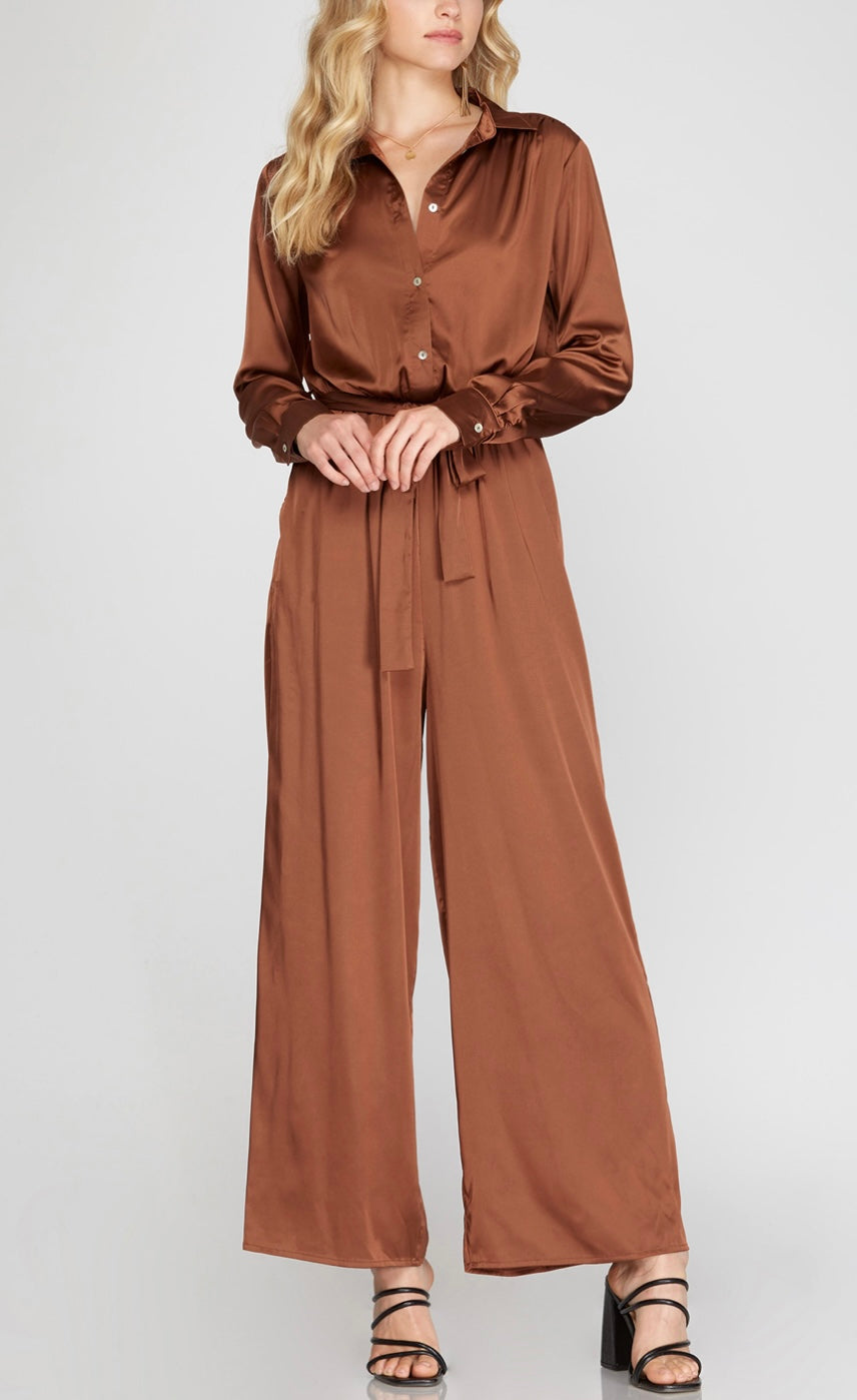 LONG SLEEVE BUTTON DOWN SATIN JUMPSUIT WITH WAIST SASH