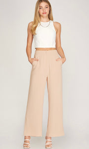 WOVEN SIDE SLIT WIDE PANTS WITH POCKETS
