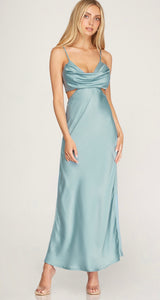 CAMI COWL NECK DULL SATIN MAXI DRESS WITH SIDE OPENING