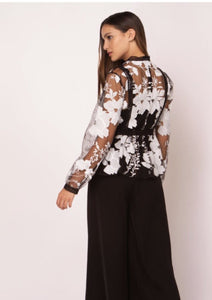 LACE TRIM ON FLORAL EMBROILED BLOUSE