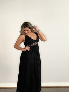 BOHO FLOWER CROCHET LACE TRIM MAXI DRESS