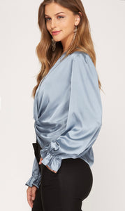 LONG SLEEVE TWISTED FRONT SATIN TOP