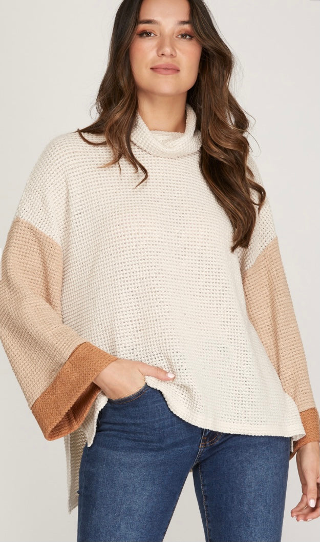 LONG CUFF SLEEVE THERMAL KNIT TURTLE NECK COLOR BLOCKED TOP