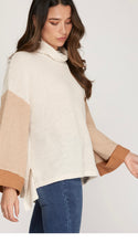 LONG CUFF SLEEVE THERMAL KNIT TURTLE NECK COLOR BLOCKED TOP